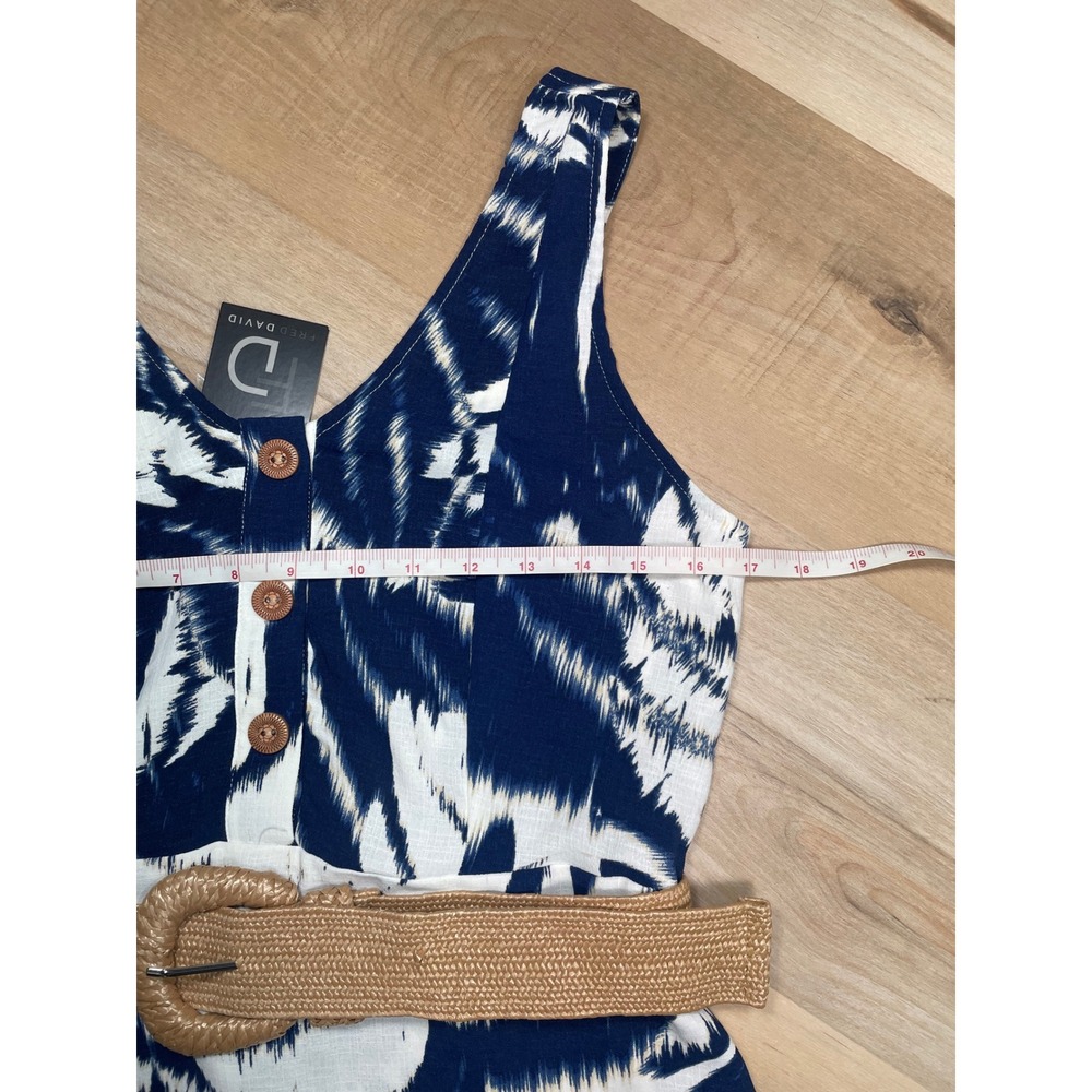 Fred David Blue White Tropical Print Midi Dress Belted Sleeveless Size Small - Picture 5 of 10